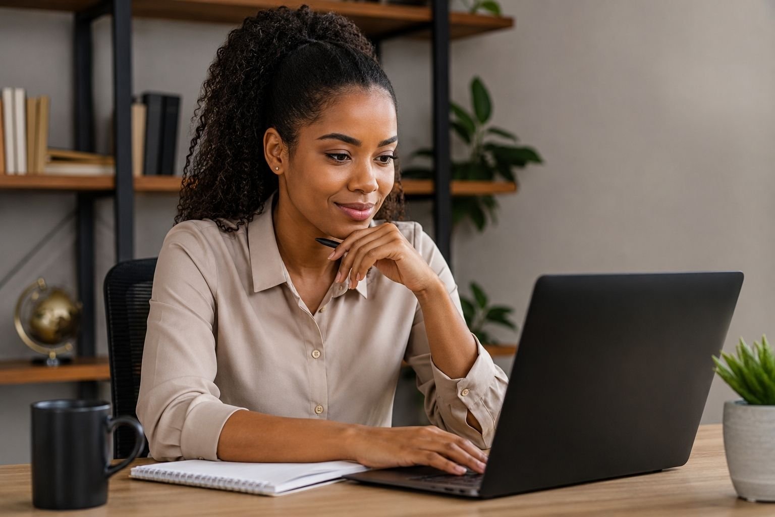A woman working on a laptop at a modern home office desk, representing Pinterest management and online business growth.