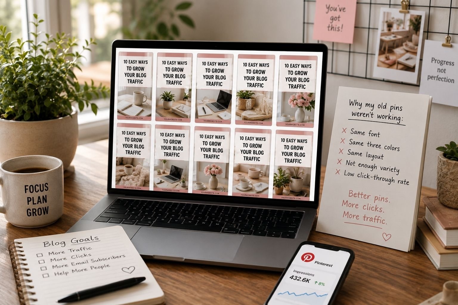 Professional Pinterest workspace with a laptop displaying a collection of blog pins, representing a $35 Pinterest pin design service and improved visual content for driving blog traffic.