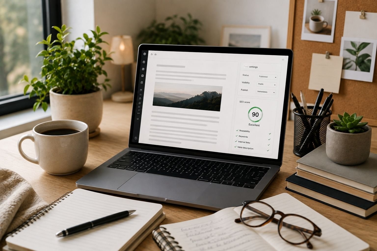 Professional home office workspace with a laptop displaying a blog article and SEO tools, representing AI-assisted blog content writing, keyword optimization, and consistent content creation.