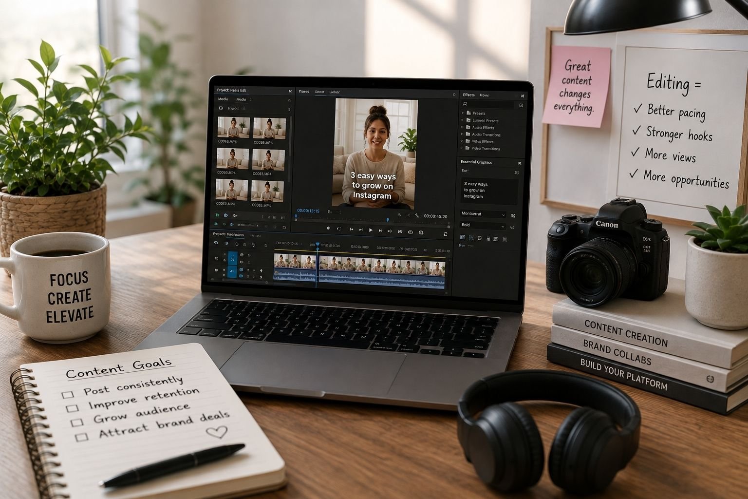 Professional content creator working at a laptop with video editing software open, representing a $25 short-form video editing service for improving reels and attracting brand collaborations.