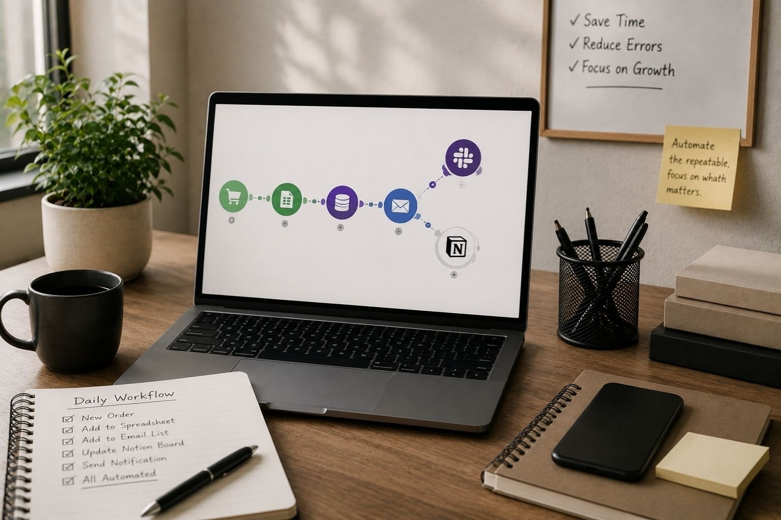 Professional home office workspace with a laptop displaying a connected digital workflow, representing business automation and streamlined daily tasks.