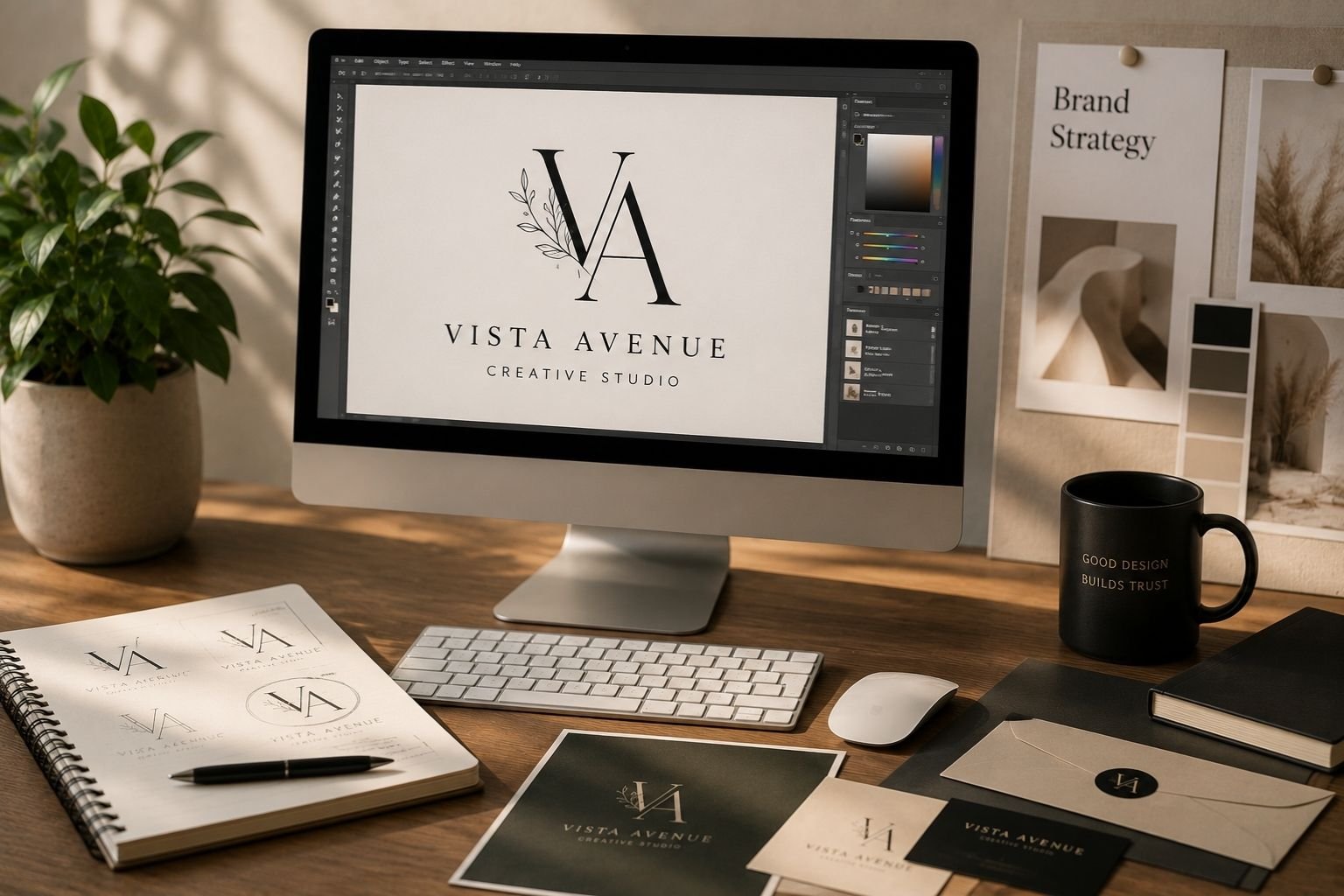 Professional logo design workspace with a computer displaying a polished brand identity, surrounded by logo sketches, color swatches, and branding materials on a designer’s desk.