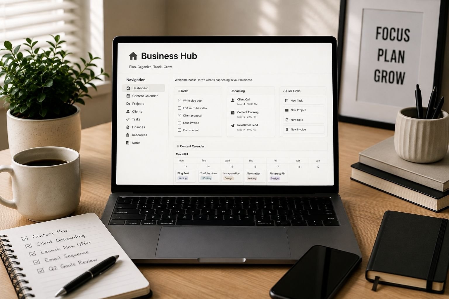 Professional home office workspace with a laptop displaying an organized business management dashboard, representing a custom Notion workspace connecting content, clients, tasks, and finances.