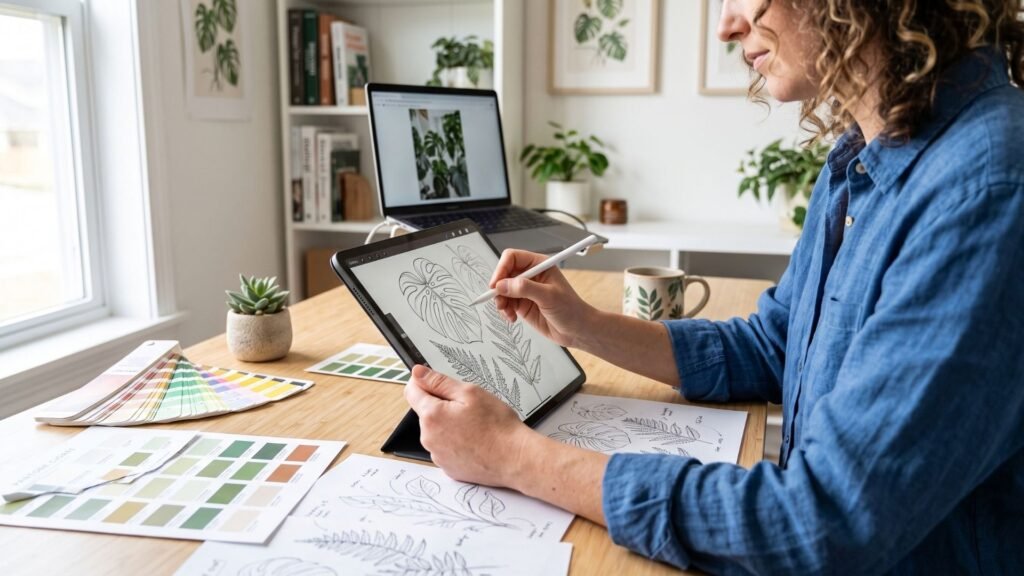 Designer creating wall art on a tablet for a print shop