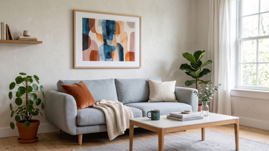 Art print mockup in a Scandinavian living room