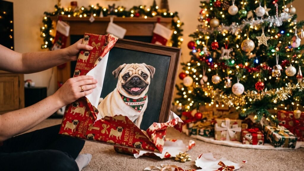 Framed pug portrait being unwrapped as a Christmas gift