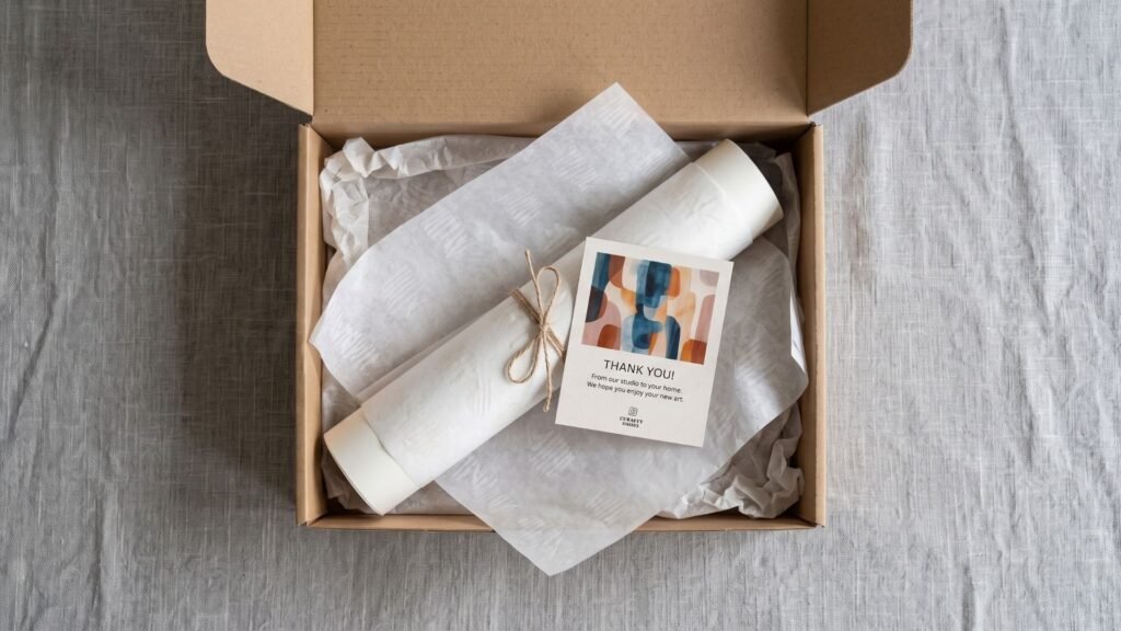 Art print order packed with a branded thank you card