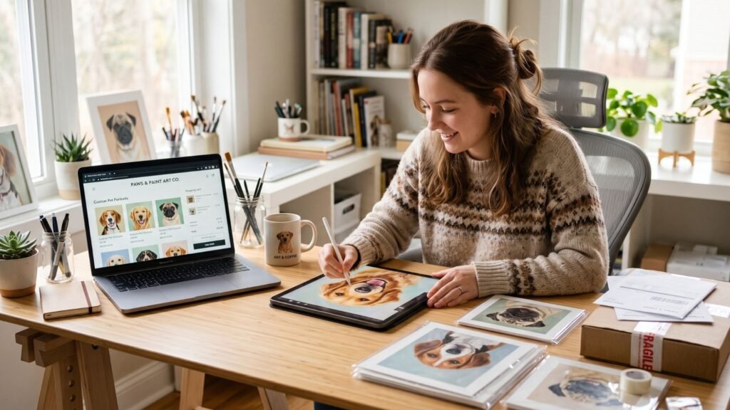 Artist drawing a custom dog portrait on a tablet next to her online store