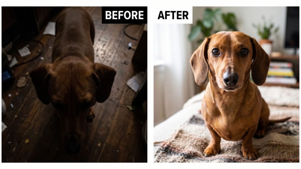 Bad vs good reference photo for a custom dog portrait, dark and blurry vs sharp at eye level