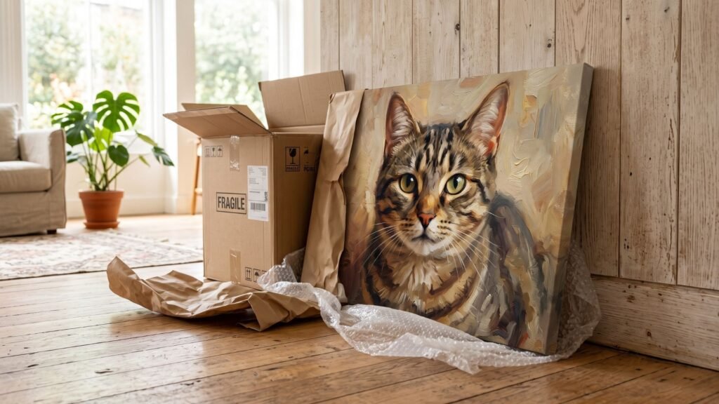 Canvas print of a tabby cat arriving in its shipping box