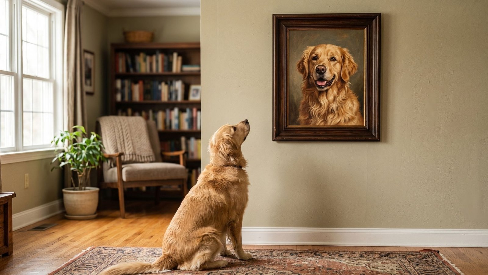 Custom pet portrait: a painted golden retriever portrait hanging above the real dog