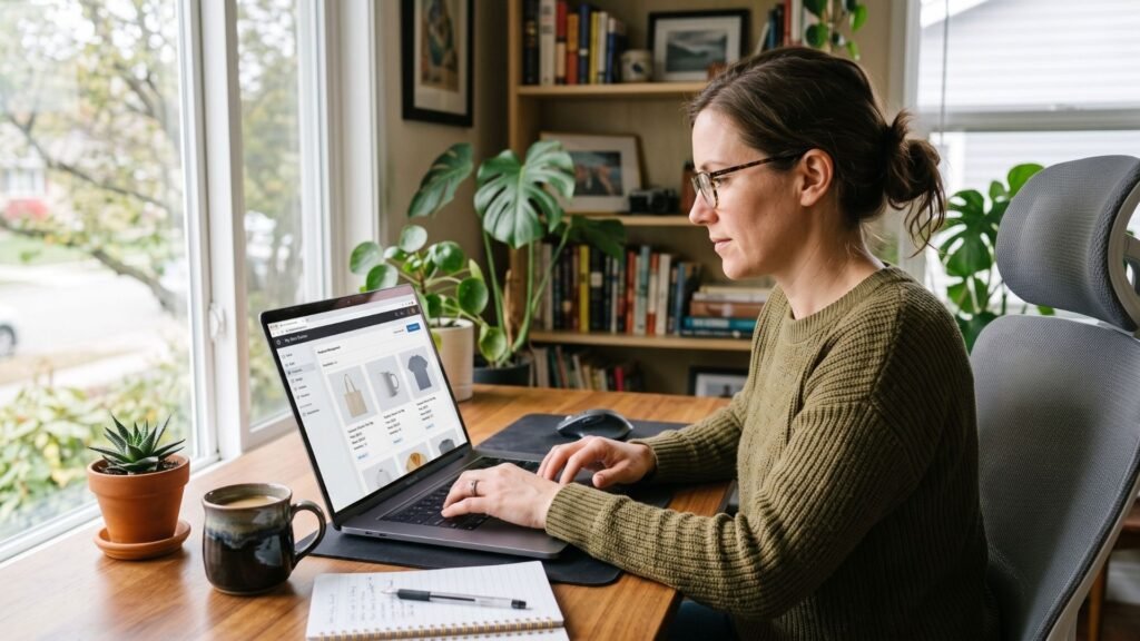 Entrepreneur setting up a Shopify store step by step during DIY setup