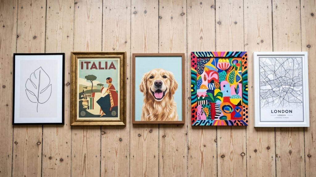 Five art print niches including line art, vintage posters, pet portraits, and city maps