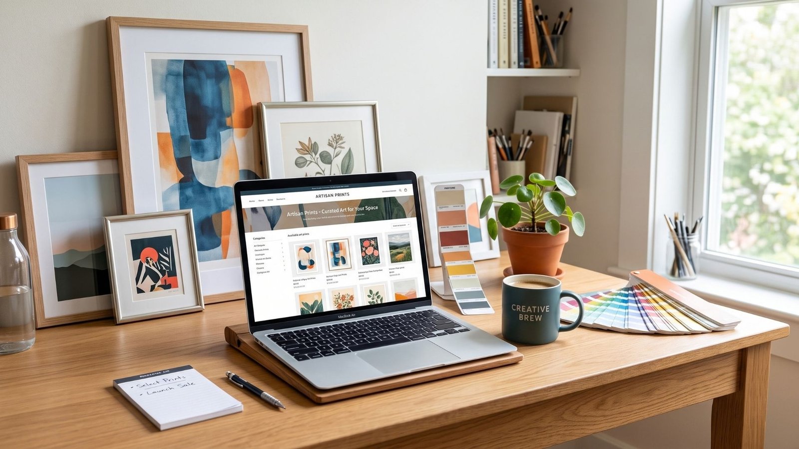 Fiverr gigs for art print sellers: a print shop owner's desk with laptop and framed prints