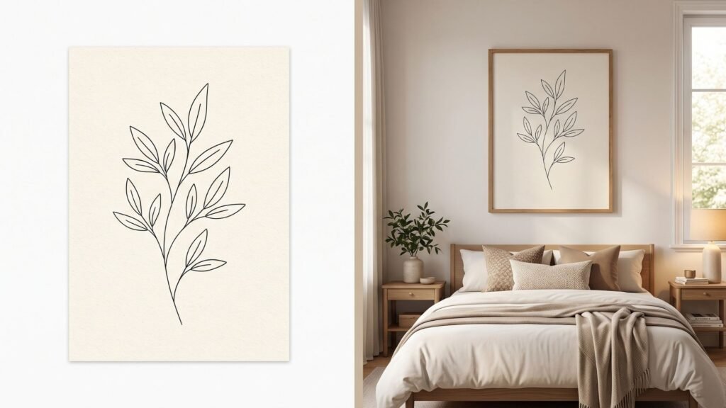 Flat art print vs the same print in a bedroom mockup