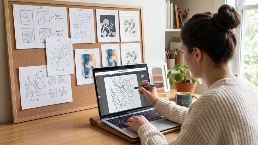 Freelance designer creating wall art on a tablet