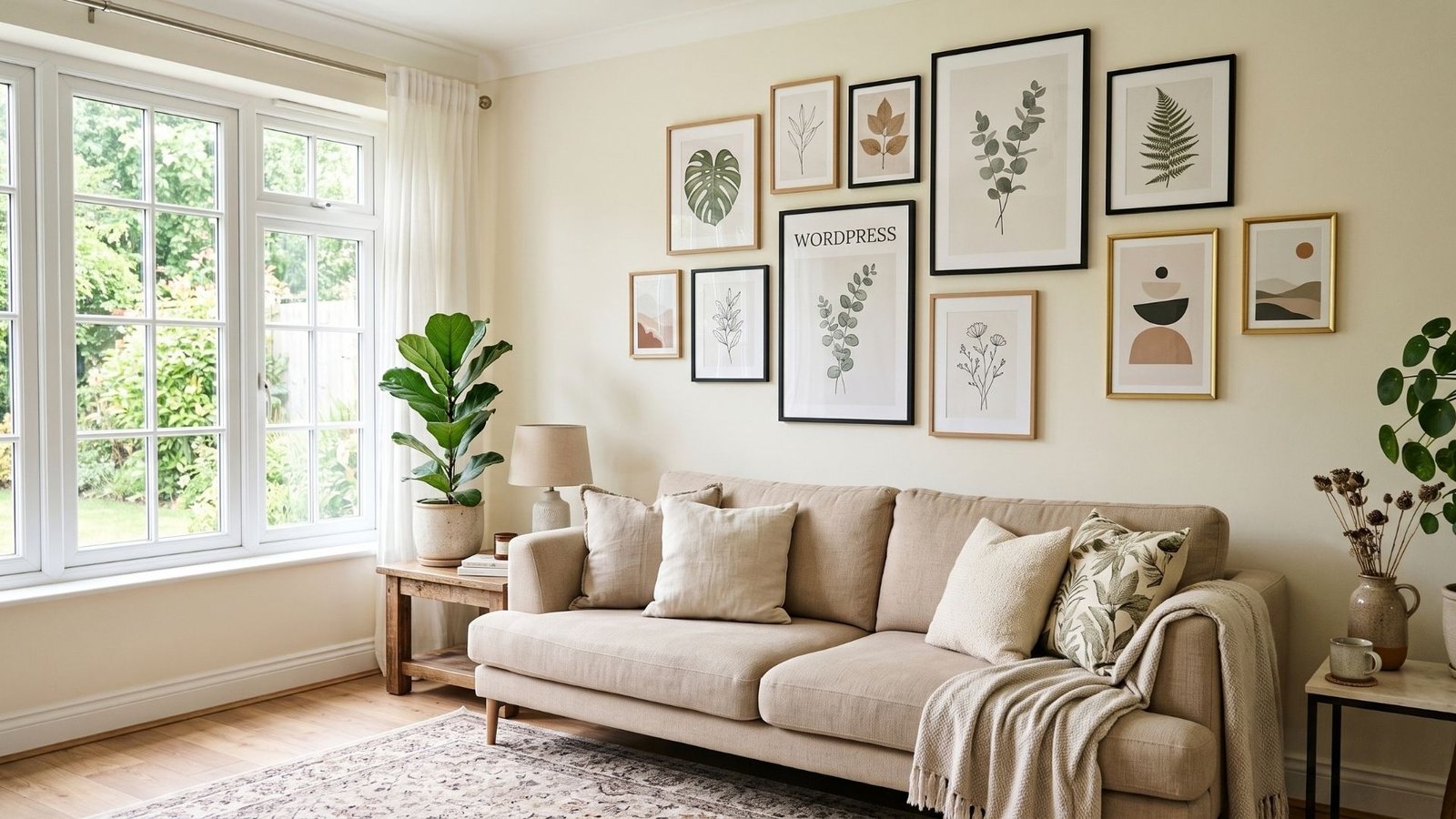 How to sell art prints online: framed prints on a living room gallery wall