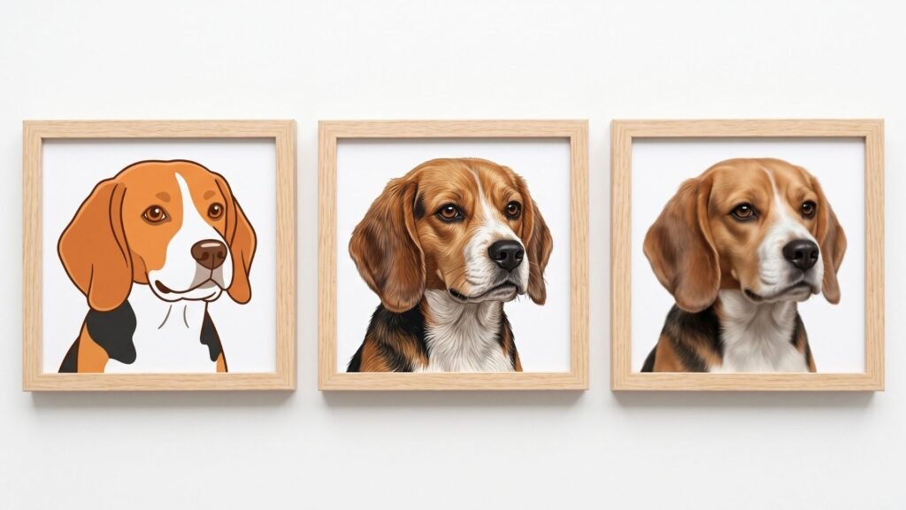 Three custom pet portrait styles of a beagle, from cartoon to photorealistic
