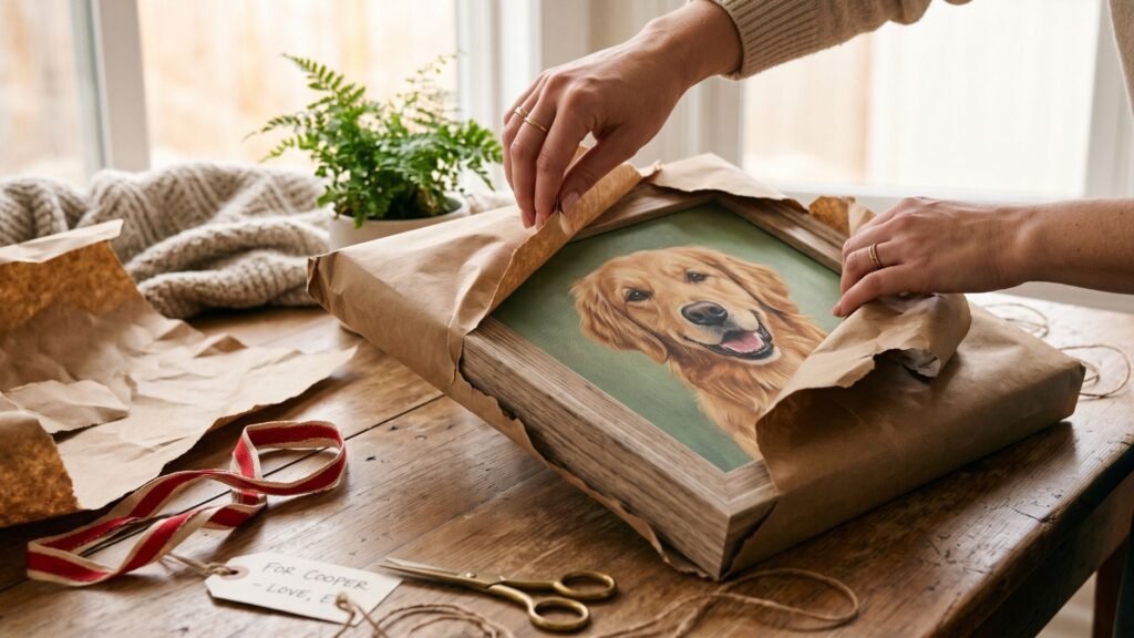 Custom pet portrait print being unwrapped as a gift