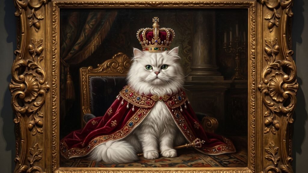 Royal style portrait of a white cat in a crown and velvet cape