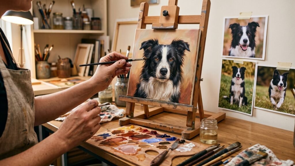 Artist hand painting an oil portrait of a border collie from reference photos