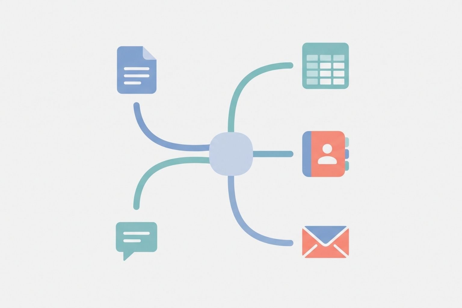 Illustration of business apps like a website form, spreadsheet, CRM, and email connected together to show automated workflow between them
