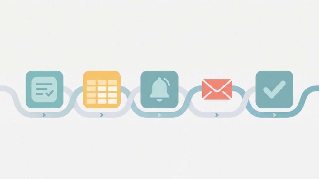 Illustration of multiple business tools connected in an automated sequence, representing a multi-step workflow