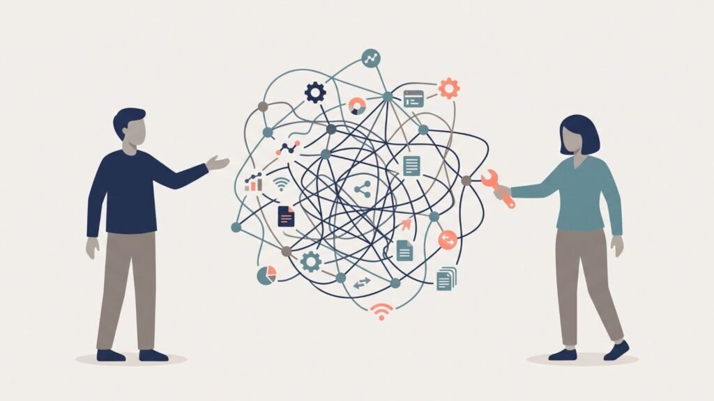 Illustration representing a business owner handing off a complex automation workflow to a specialist