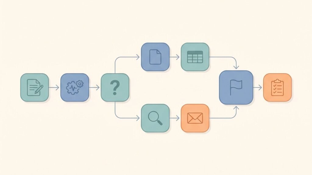 Flowchart-style illustration of a multi-step business automation moving from a form submission through several connected steps to a final follow-up