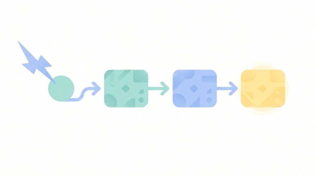 Simple diagram showing a trigger event automatically leading to a chain of actions in a business workflow